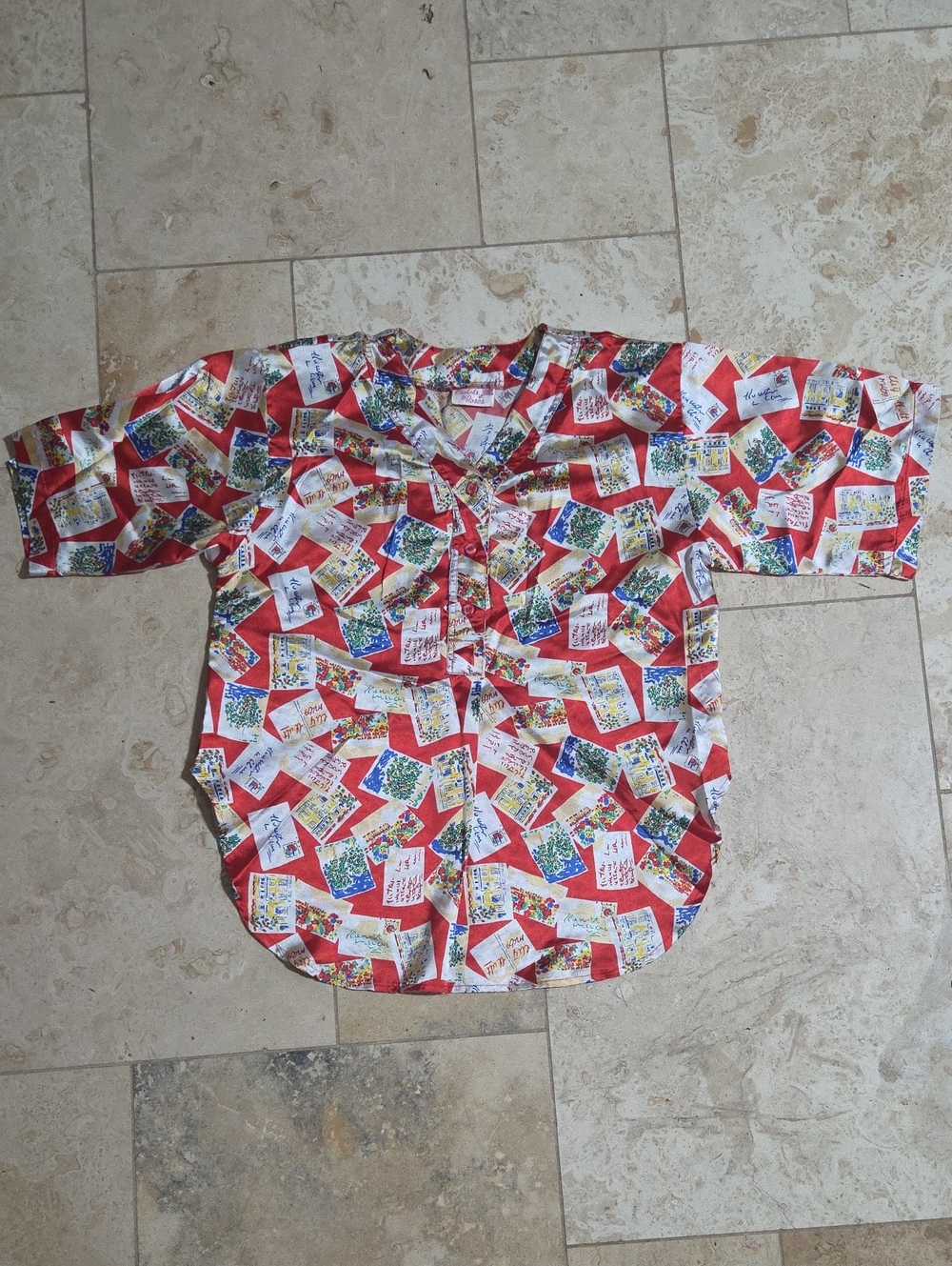 Violets & Roses Women’s Sleep Top | Red Postcard Print Pajama Shirt | Estimated